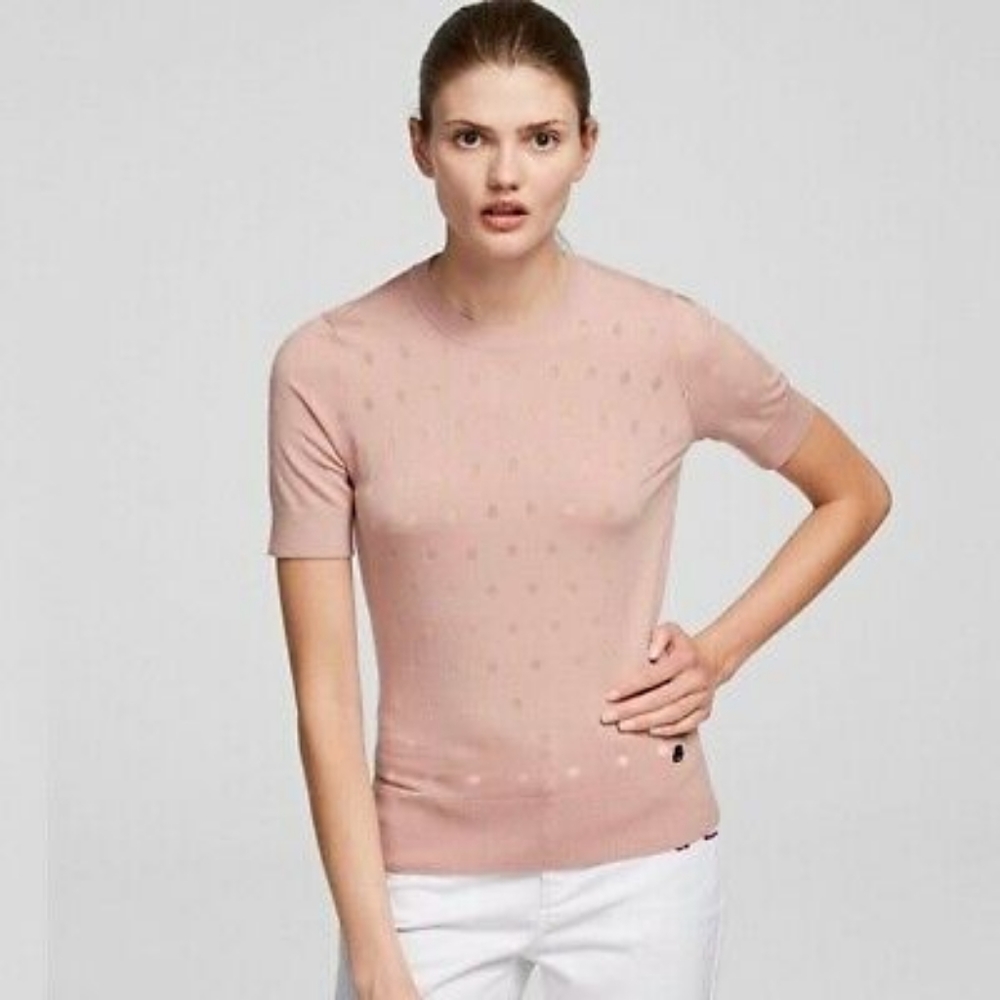 Karl Lagerfeld Blush Pink Dotted Knit Top Size XLarge Women's Short Slee…